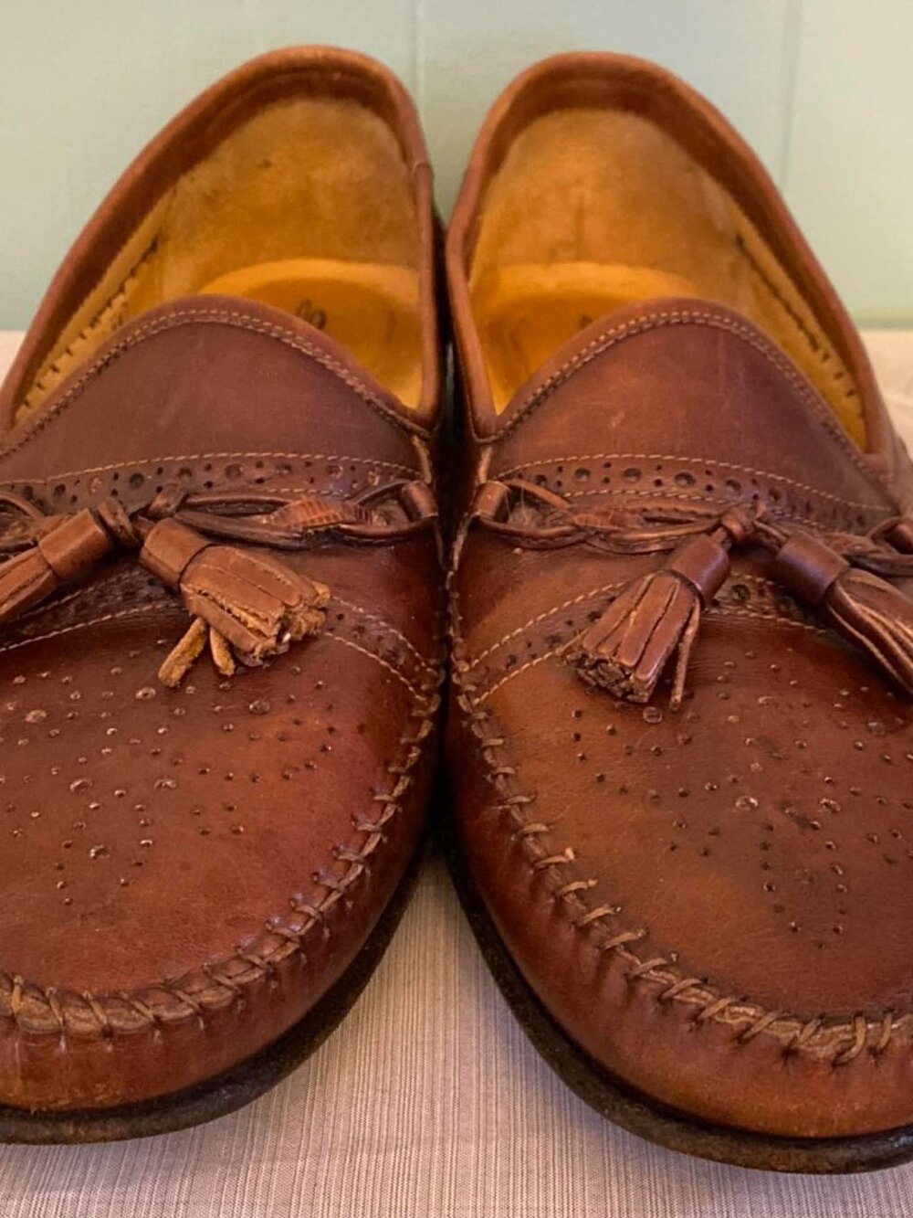 Santoni Brown Leather Tassel Loafers Men's 11 D Italy Brogue Moc Toe Dress Shoes